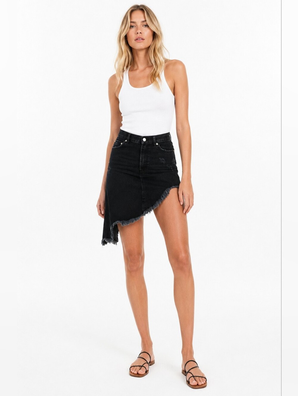 NWT Zara Size XS Black Asymmetrical Frayed Denim Skirt